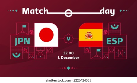 japón, partido españa de fútbol 2022. Partido del Campeonato Mundial de Fútbol 2022 frente a equipos con antecedentes deportivos, afiche de la competencia del campeonato, ilustración del vector.