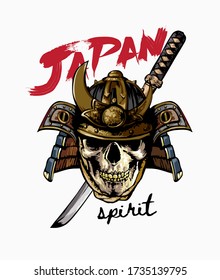 japan spirit slogan with skull in samurai helmet illustration