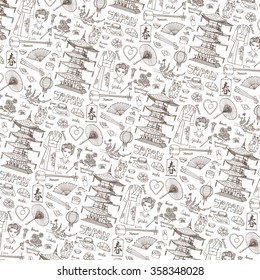 Japan spring doodle elements pattern.Vintage set.Japanese  Vector hand drawn icon, illustration,background template.Traditional souvenirs from Japan. Geisha symbols.Travel vector.Hieroglyph spring