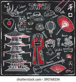 Japan spring doodle elements.Vintage set. Japanese  Vector hand drawn icon, illustration isolated on chalkboard  background. Traditional souvenirs from Japan. Geisha symbols.Travel japan doodle vector