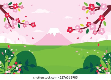 Japan spring landscape background with cherry blossom branches, green grass with colorful flowers and mount Fuji in the background. Flat design vector illustration. 