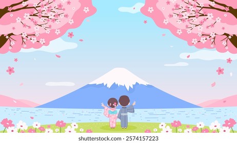 Japan in spring season landscape background vector illustration. A couple in yukata, surrounded by a view of Mt. Fuji and cherry blossoms 