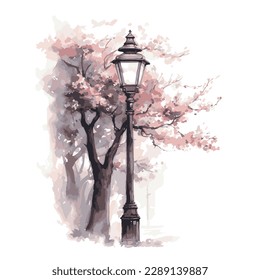 Japan spring street lamp with cherry blossom sakura tree in watercolor