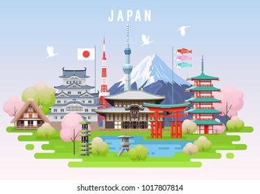 Japan spring travel infographic. Vector travel places and landmarks.