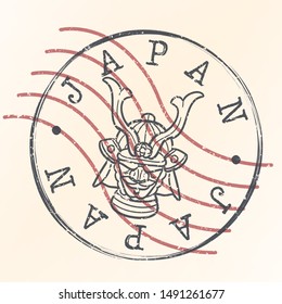 Japan Stamp Samurai Postal. Map Silhouette Seal. Passport Round Design. Vector Icon. Design Retro Travel.