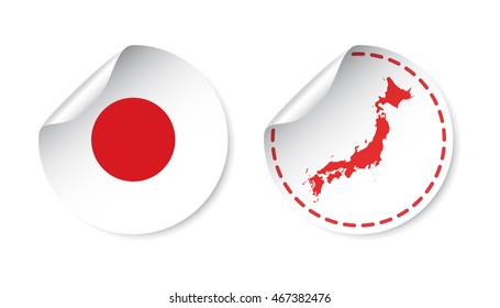 Japan sticker with flag and map. Label, round tag with country. Vector illustration on white background.