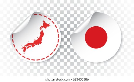 Japan sticker with flag and map. Label, round tag with country. Vector illustration on isolated background.