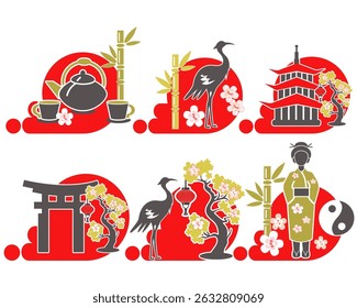 Japan stickers and emblems japanese symbols oriental culture vector image