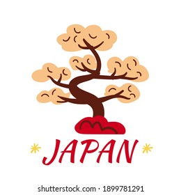 Japan stock vector hand drawn illustration. For japanese travel concept, greeting card print. Cute cartoon style asian illustration: Japan symbol - bonsai tree and text - Japan. Eps isolated on white