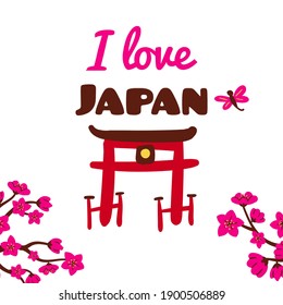 Japan Stock Vektorgrafik handgezeichnet. Für das japanische Reisead-Konzept, Grußkartendruck. Cute Cartoon Stil asiatische Illustration: Japan Symbol Tor und Text - ich liebe Japan. Eps-Postkarte einzeln