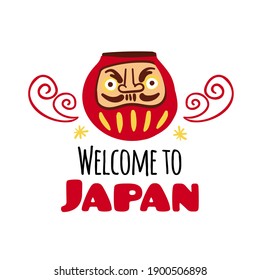Japan stock vector hand drawn illustration. For japanese travel ad concept, greeting card print. Cute cartoon style asian illustration: Japan symbol - daruma doll and text - Welcome to Japan. Eps 