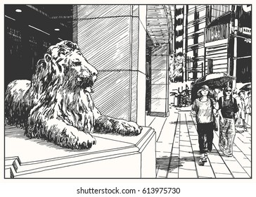 Japan street with girls and lion statue. Black and white dashed style sketch, line art, drawing with pen and ink. Retro vintage picture.
