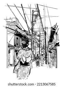 Japan, street in Kyoto with pedestrians - vector illustration  (japanese caracters are fake - no meaning) (Ideal for printing, poster or wallpaper, house decoration) 