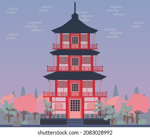 Japan style building. Beautiful houses and temples in Japan style. The scenery of japan during the fall season. Posters and postcards Japan's for tourism. Cartoon Traditional Asian House. 