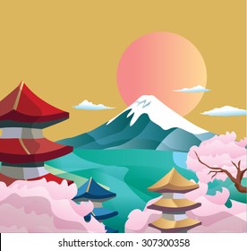 Japan style buildings and fuji mountain.