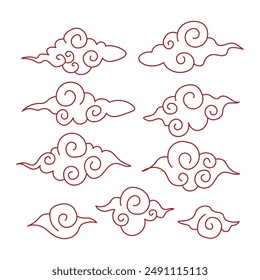 Japón estilo nubes doodle set Vector, Japón nubes dibujos animados