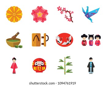 Japan Style Icon Set. Japanese Umbrella Bamboo Daruma Doll Japanese Flower Japanese Cranes Kokeshi Dolls Sakura Branch Woman In Kimono Japanese Man Geta Origami Crane Matcha Tea Chrysanthemum Ornament