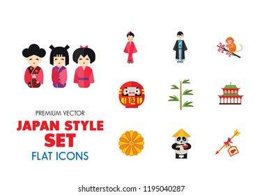 Japan Style Icon Set. Japanese Umbrella Bamboo Daruma Doll Japanese Flower Japanese Cranes Kokeshi Dolls Sakura Branch Woman In Kimono Japanese Man Geta Origami Crane Matcha Tea Chrysanthemum Ornament