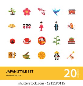 Japan Style Icon Set. Japanese Umbrella Bamboo Daruma Doll Japanese Flower Japanese Cranes Kokeshi Dolls Sakura Branch Woman In Kimono Japanese Man Geta Origami Crane Matcha Tea Chrysanthemum Ornament