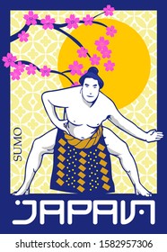 Japan sumo poster design, postage stamp, sticker, banner. Japanese martial art