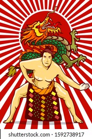 Japan sumo poster design, postage stamp, sticker, banner. Japanese martial art