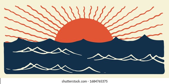 Japan sunset, japan sea and sun, flat and minimalism, traditional japan painting, japanese art on paper, traditional japanese and chinese texture