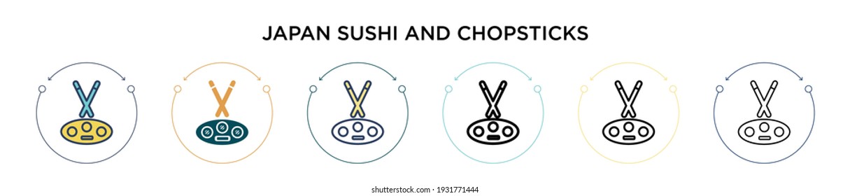 Japan sushi and chopsticks icon in filled, thin line, outline and stroke style. Vector illustration of two colored and black japan sushi and chopsticks vector icons designs can be used for mobile,