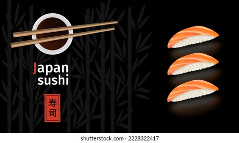 Japan sushi food menu. Bamboo chopsticks. Asian Chinese texture. White rice rolls. Sashimi with salmon. Oriental Asia cafe invitation flyer. Vector illustration neoteric banner black design