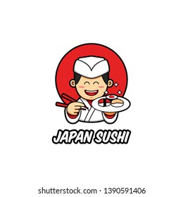 Japan sushi logo with japanese chef mascot character wear traditional white chef clothes bring sush on plate and chopstick in cartoon style