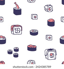 Sushi de Japón, patrón sin fisuras. Comida japonesa asiática, fondo sin fin. Rollos de Maki, impresión repetida, diseño de la textura para el embalaje, envoltura, paquete. Ilustración vectorial plana de restaurante imprimible