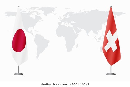 Japan and Switzerland flags for official meeting against background of world map.