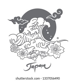 Japan symbolic logo with great wave and sakura flowers and oriental cloud and sun. Vector illustration.