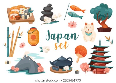 Japan symbols 3d realistic set. Vector illustration isolated elements