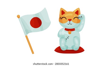 Japan Symbols with Beckoning Cat and Flag on Pole Vector Set