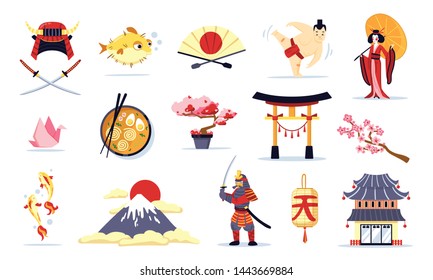 Japan symbols cartoon set of sunrise sushi sumo sakura woman in kimono with umbrella isolated vector illustration