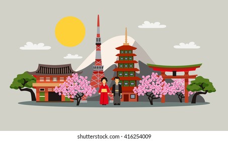 Japan symbols composition flat decorative background poster with kimono dress fuji mountain and sakura blossom abstract vector illustration 