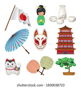 Japan Symbols with Hand Fan and Bonsai Tree Vector Set