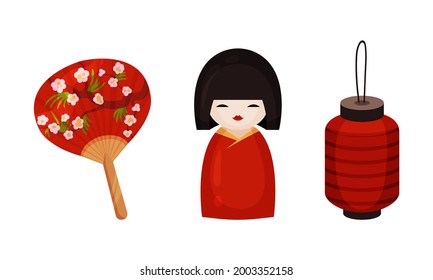 Japan Symbols with Kokeshi Wooden Doll and Paper Lantern Vector Set