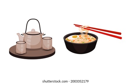 Japan Symbols with Noodle Soup in Bowl and Served Tea Vector Set