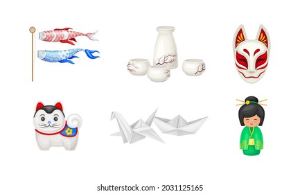 Japan Symbols with Origami Figures and Porcelain China Vector Set