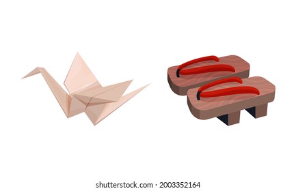 Japan Symbols with Origami Made of Paper and Wooden Shoe Vector Set