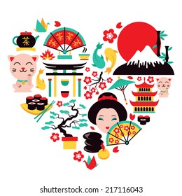 Japan symbols set in heart shape with traditional food and travel icons vector illustration