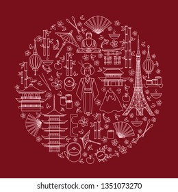 Japan symbols set in round shape with traditional food, travel icons vector illustration isolated, landmark Kinkaku JI temple, Itsukushima Shrine, Tokyo tower, Confucius temple, Mountain Fuji, sakura