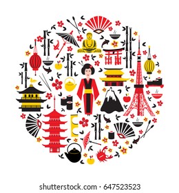 Japan symbols set in round shape with traditional food, travel icons vector illustration isolated, landmark Kinkaku JI temple, Itsukushima Shrine, Tokyo tower, Confucius temple, Mountain Fuji, sakura