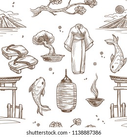 Japan symbols sketch vector seamless pattern