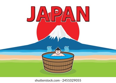 Japan symbols with smiling Japanese wide body man or Sumo man in outdoor wooden hot springs bathtub or Japanese onsen background with red sun and Fuji Mountain drawing in colorful cartoon vector