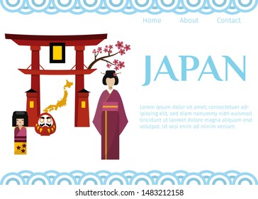 Japan symbols for travellers web vector template. Set of Japanese-themed design elements including geisha, Shinto gate, Japanese doll and sakura. Travel to Japan.