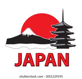 Japan symbols with view of Fuji mountain and pagoda drawing in vector