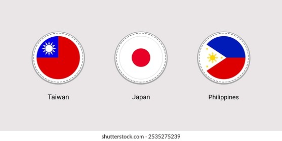 Japan, Taiwan, The Philippine rounded flags vector set. isolated icons. Japanese, Taiwanese, Philippines national symbols stickers collection. Asian states round emblems signs for travel designs.