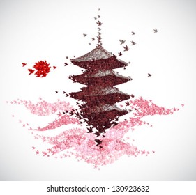 japan temple shaped from origami birds in spring - vector